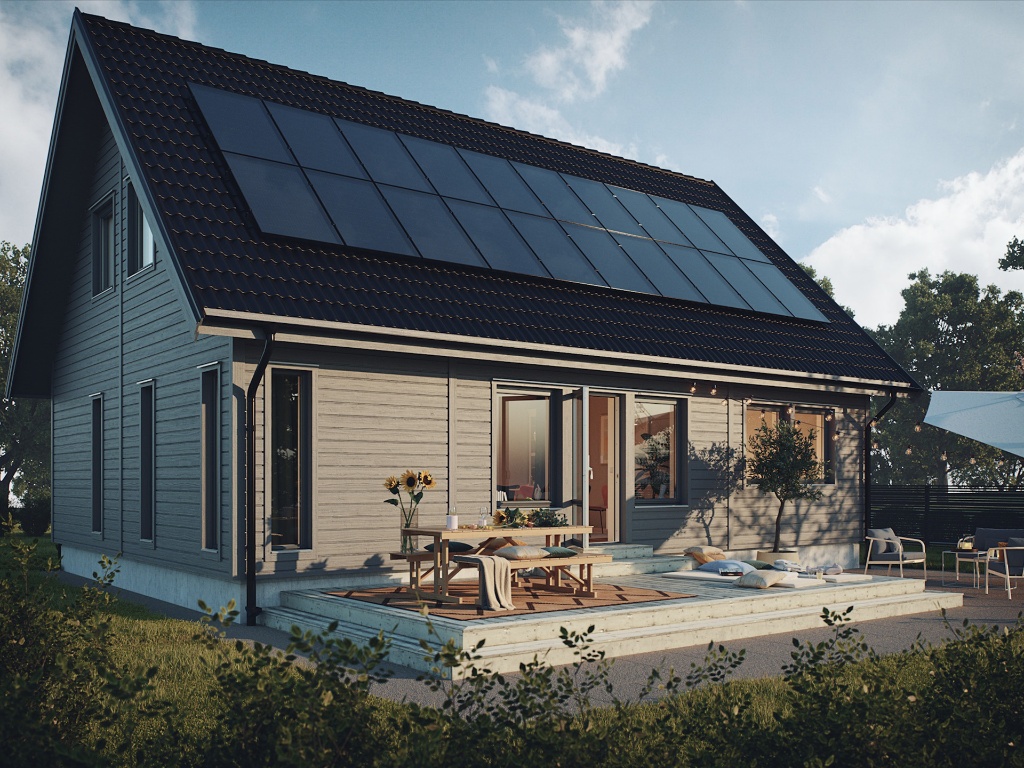 Samma hus med solceller installerade på taket